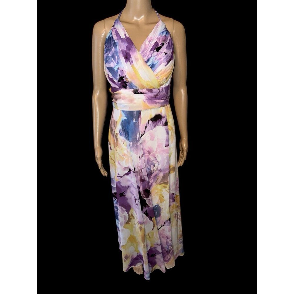 Xscape V-Neck Floral Maxi Dress - Purple and Yellow